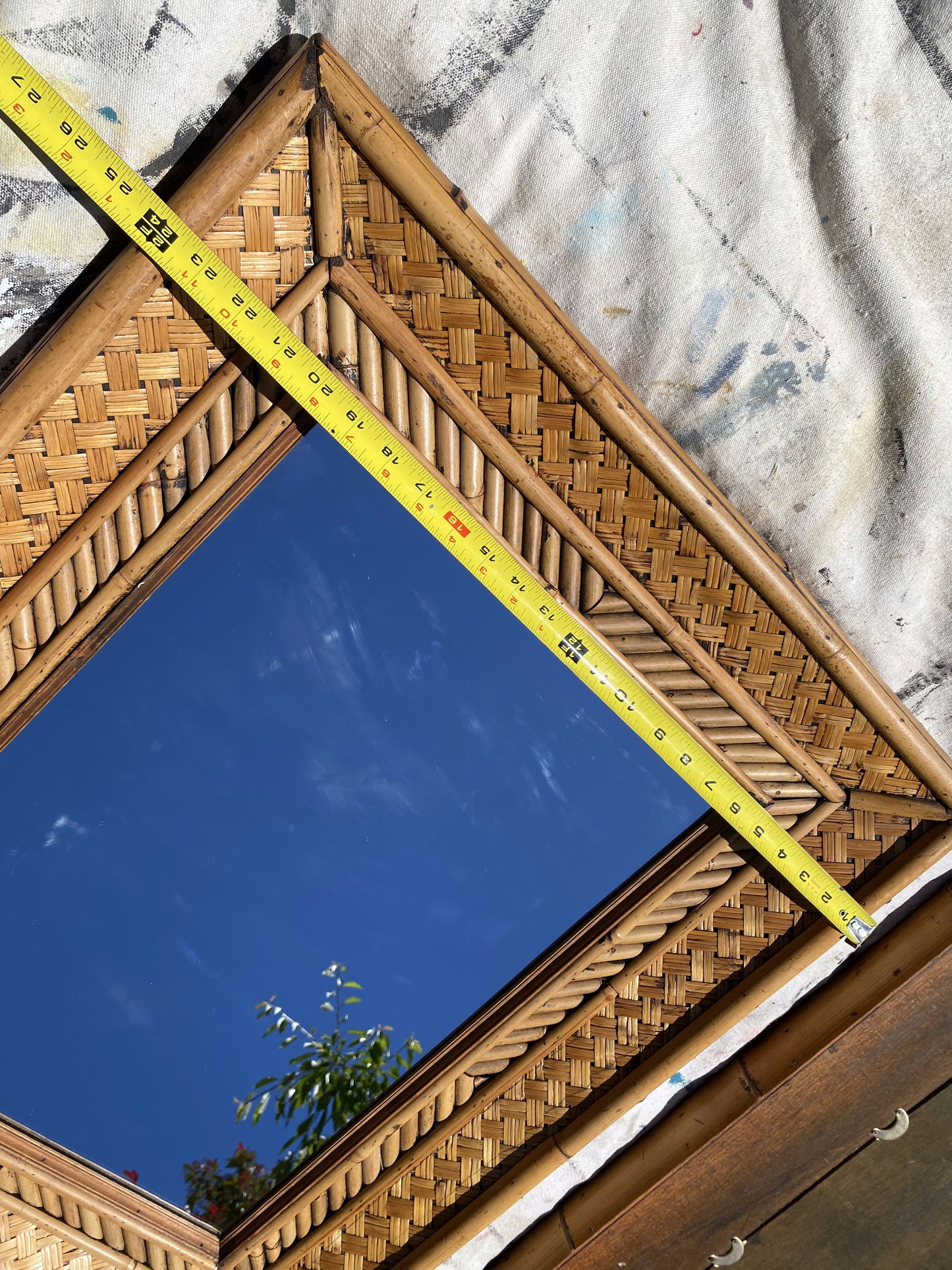 Pair of Vintage Woven Bamboo & Rattan Wall Mirrors — Tropical Coastal Hollywood Regency, 30" X 24"