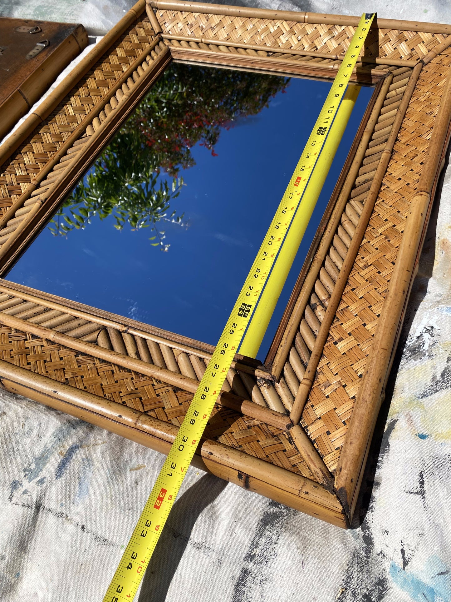 Pair of Vintage Woven Bamboo & Rattan Wall Mirrors — Tropical Coastal Hollywood Regency, 30" X 24"