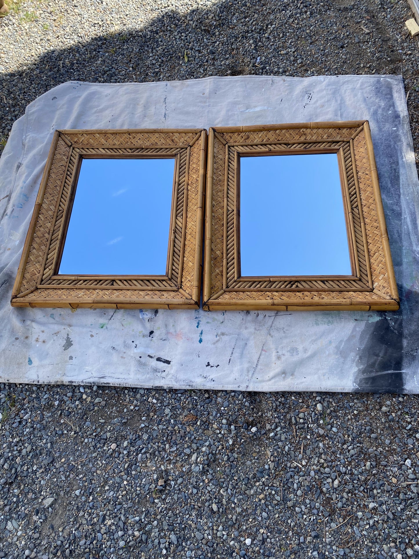 Pair of Vintage Woven Bamboo & Rattan Wall Mirrors — Tropical Coastal Hollywood Regency, 30" X 24"