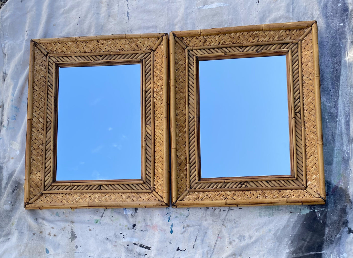 Pair of Vintage Woven Bamboo & Rattan Wall Mirrors — Tropical Coastal Hollywood Regency, 30" X 24"