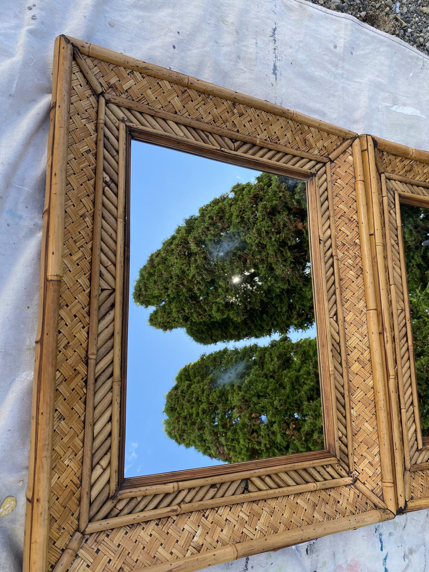 Pair of Vintage Woven Bamboo & Rattan Wall Mirrors — Tropical Coastal Hollywood Regency, 30" X 24"
