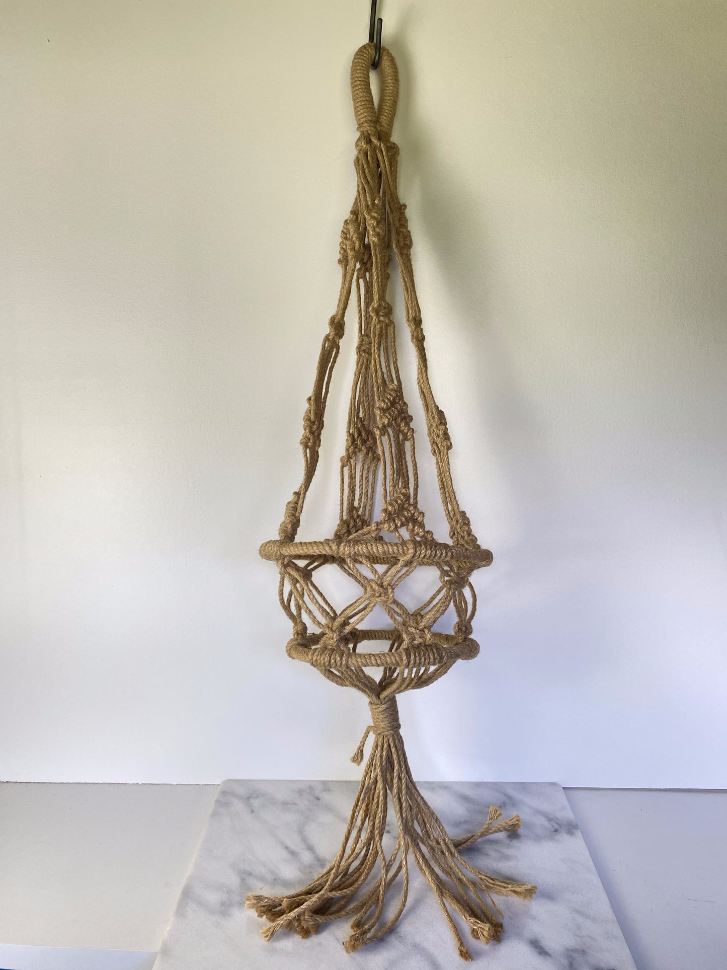 Vintage Boho Macramé Plant Hanger in Natural Fiber — Large Hanging Planter, 1970s