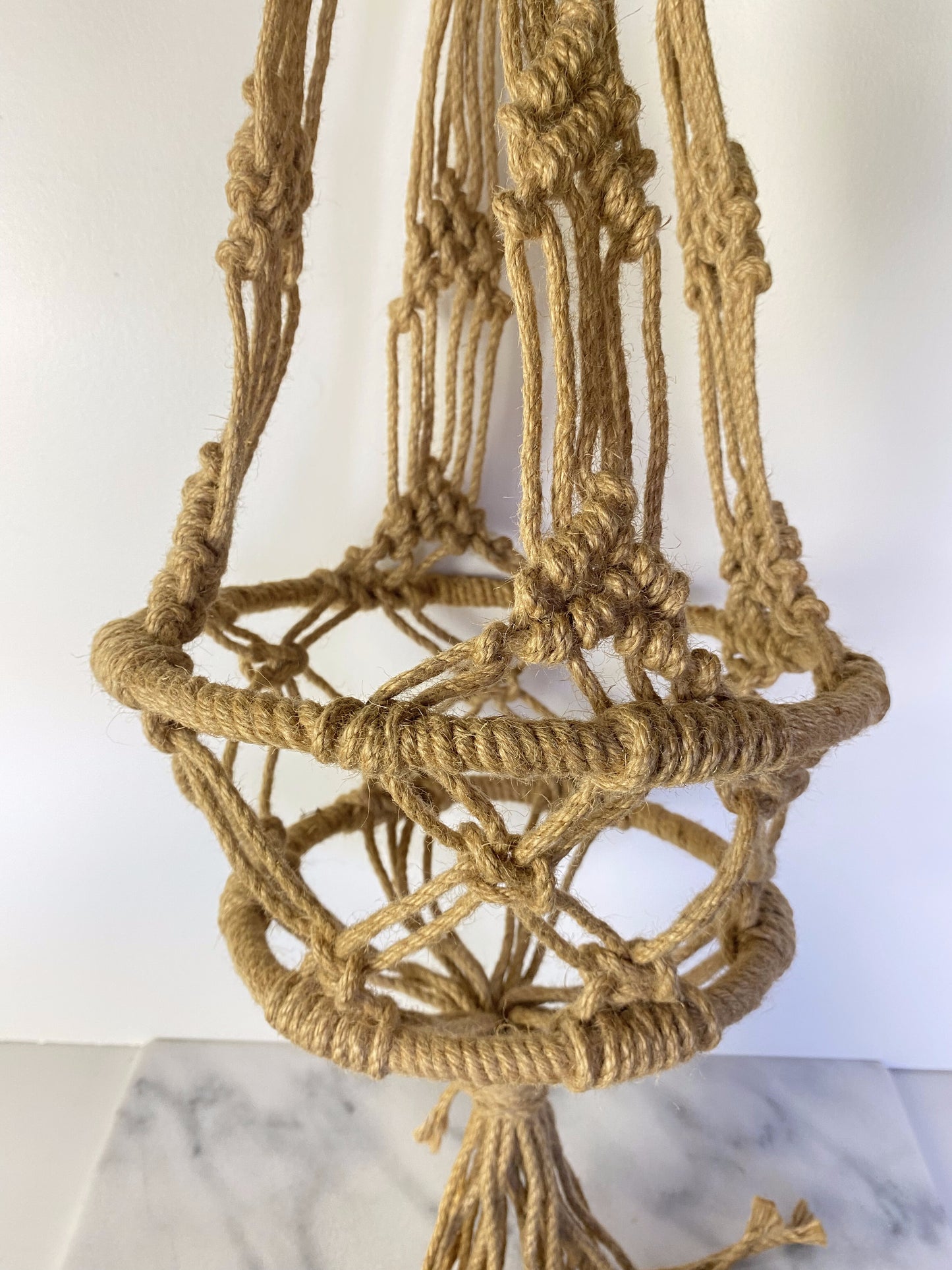 Vintage Boho Macramé Plant Hanger in Natural Fiber — Large Hanging Planter, 1970s