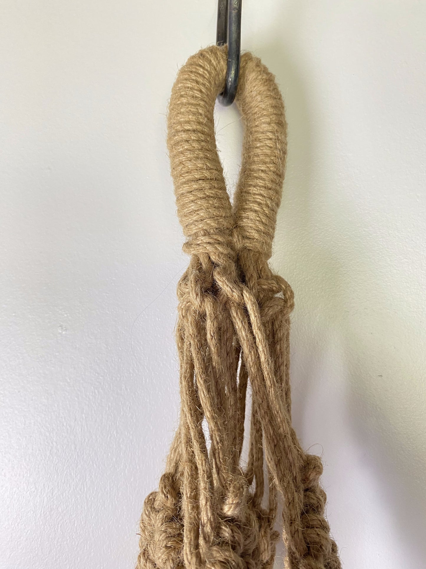 Vintage Boho Macramé Plant Hanger in Natural Fiber — Large Hanging Planter, 1970s
