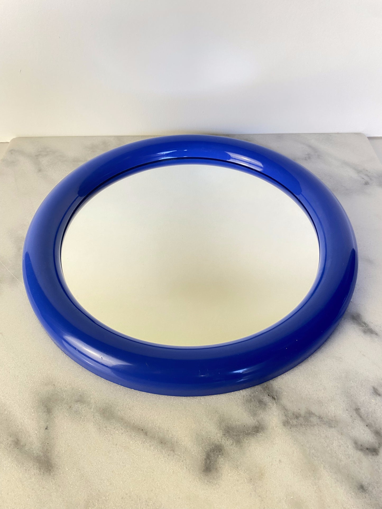 Vintage Postmodern Primary Blue Round Wall Mirror — Memphis Style Plastic Mirror, 1980s