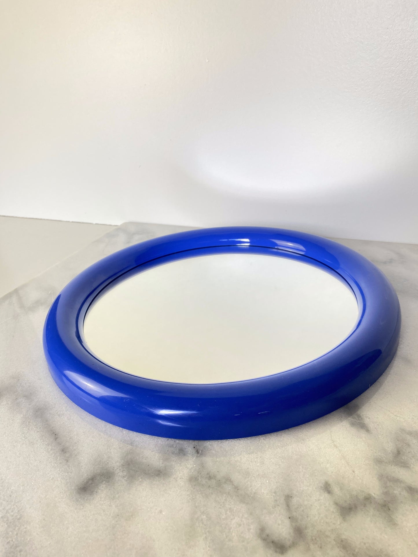 Vintage Postmodern Primary Blue Round Wall Mirror — Memphis Style Plastic Mirror, 1980s