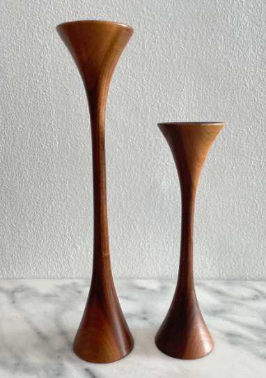 Mid-Century Walnut Tapered Tulip Candlesticks - Pair