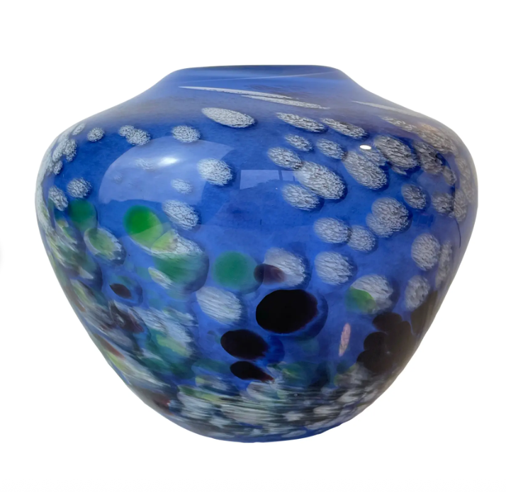 Signed James Kingwell Icefire Art Glass Vase in Blue Purple & White