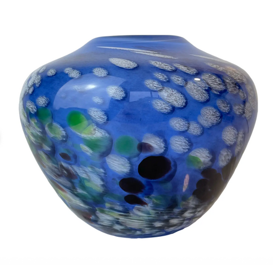 Signed James Kingwell Icefire Art Glass Vase in Blue Purple & White