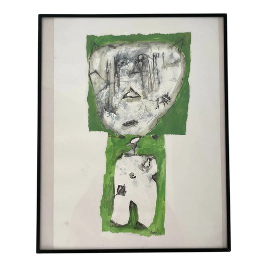 Abstract Green Cat Painting Collage on Paper by Nenad Babic From Florence, Italy