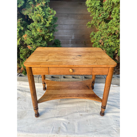 Antique Farmhouse Work Table With Drawer, Turned Legs