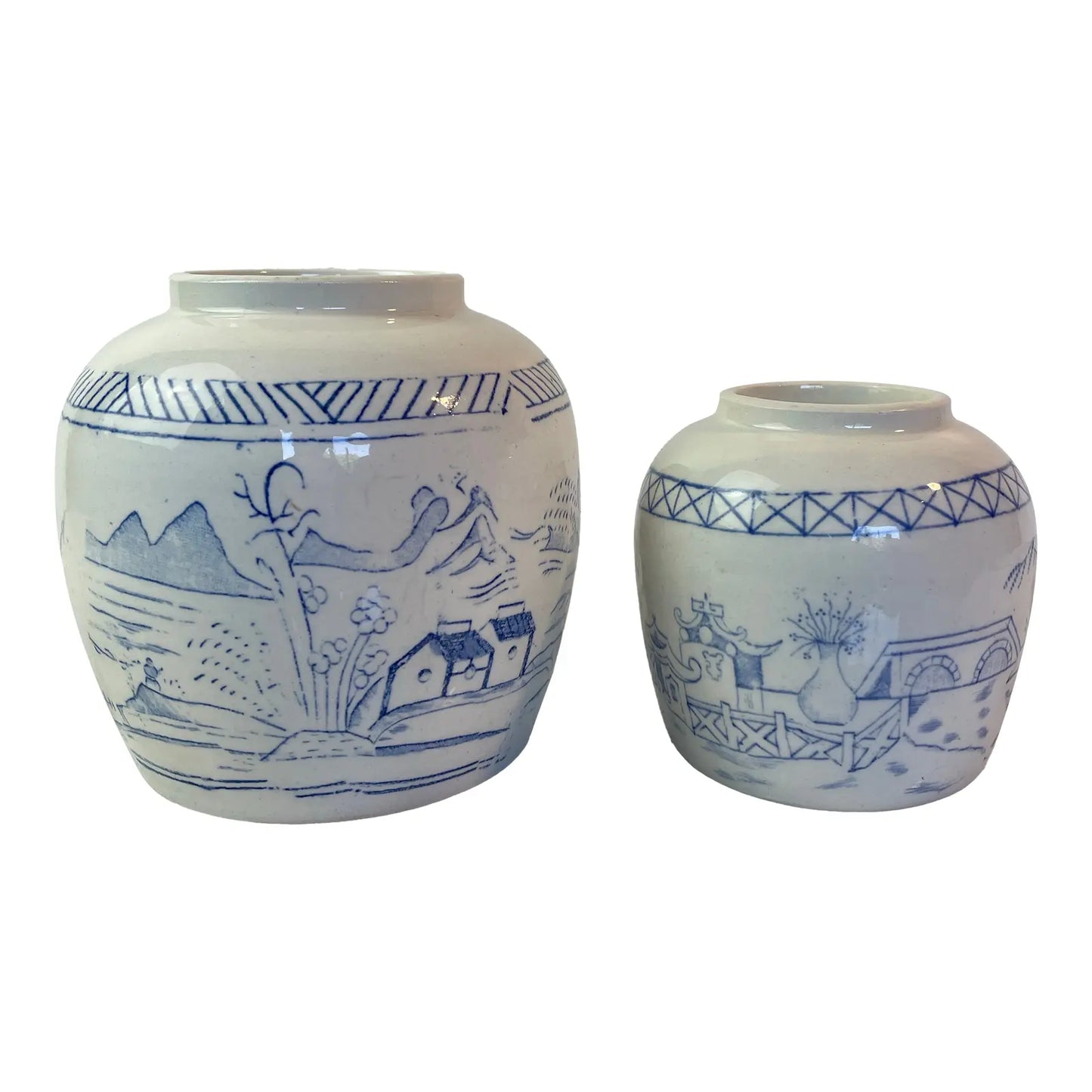 Antique Chinese Blue and White Ginger Jars – Pair of Hand-Painted Landscape Scene Porcelain Vessels