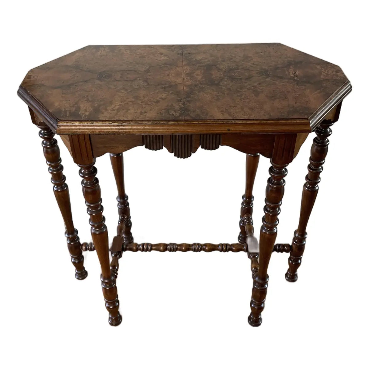 Antique Victorian Burl Walnut Octagonal Side Table, Bobbin Turned Legs