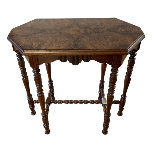 Antique Victorian Burl Walnut Octagonal Side Table, Bobbin Turned Legs