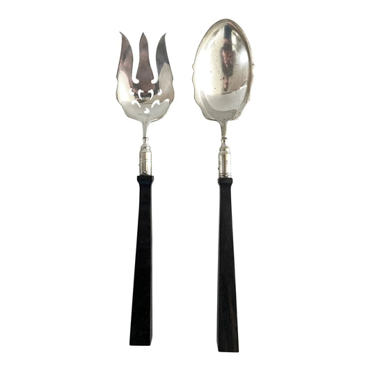 Early 1900 Ebony Sculpted Sterling Silver Plated Serving Set by Manning Bowman & Co.- Set of 2