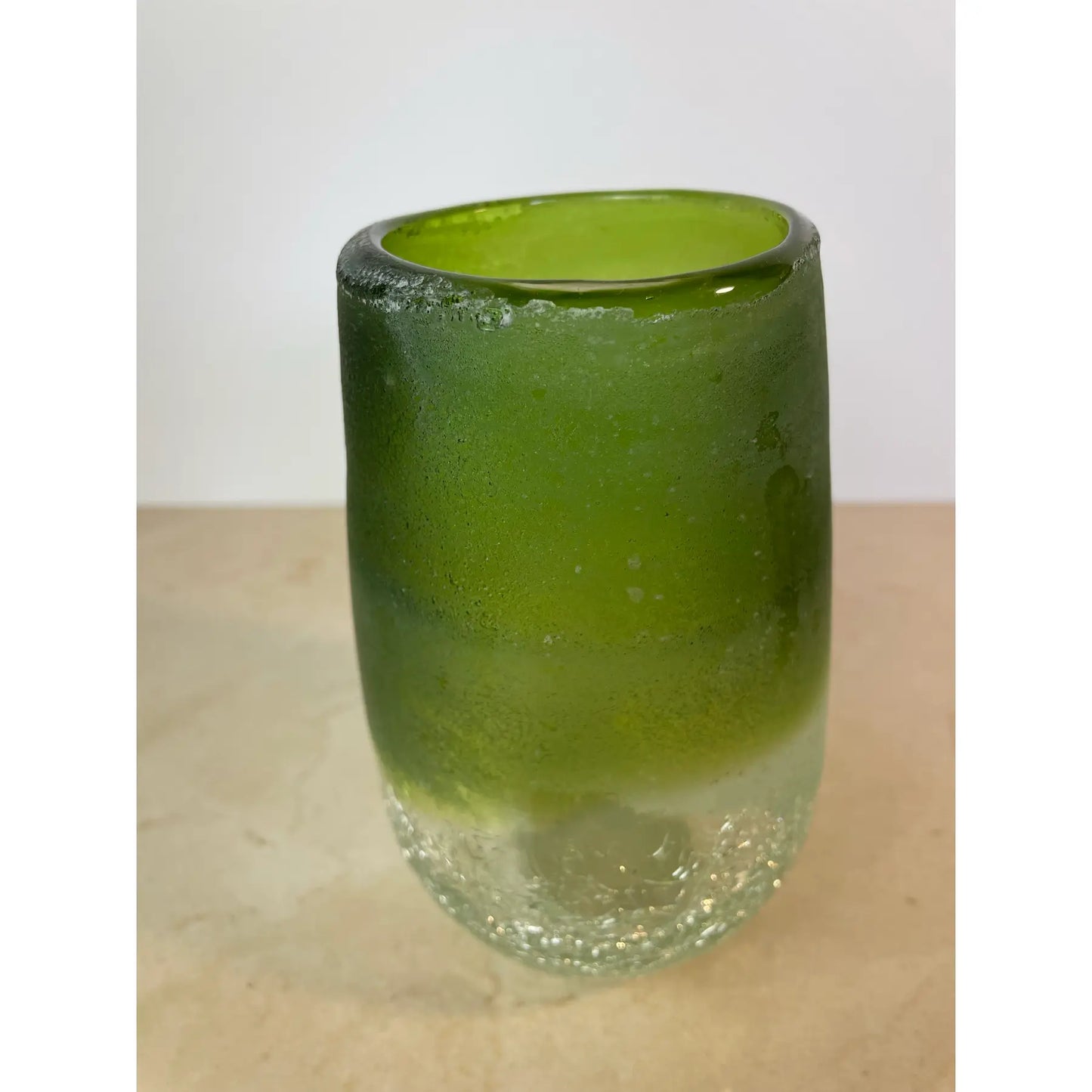 Handblown Green Ombre Frosted & Crackle Glass Vase