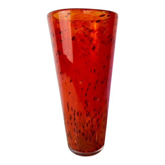 Henry Dean Mouth-Blown Red & Black Speckled Glass Vase, Signed