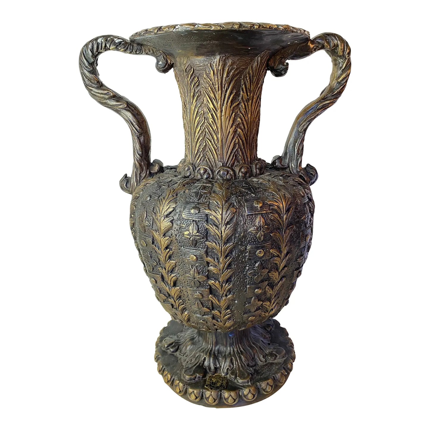 Large Italian Baroque-Style Bronze/Brass Urn With Serpent Handles