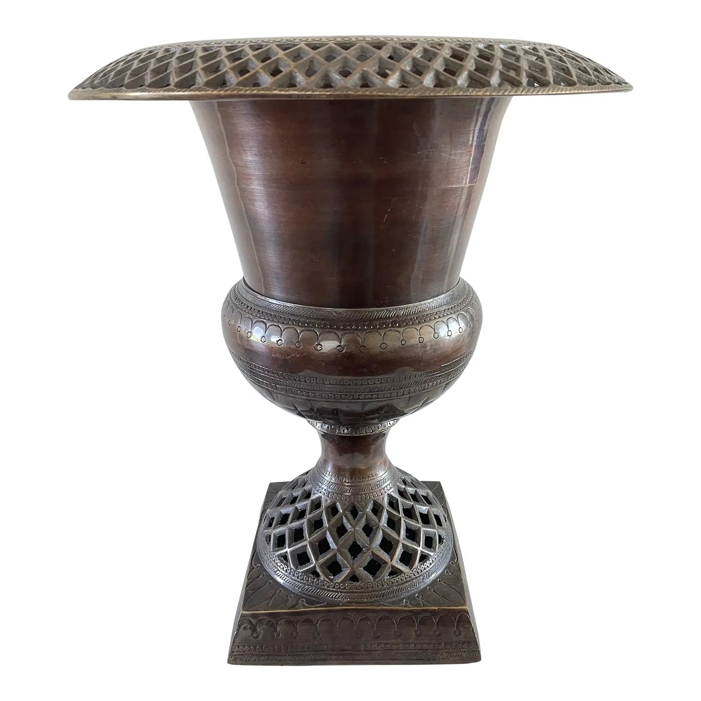 Large Late 20th Century Solid Brads Urn Vase With Pierced Detailing