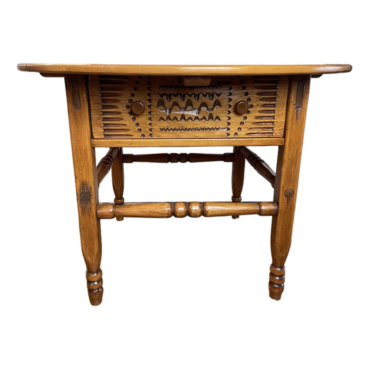 Late 20th Century Hand-Carved Rustic Folk Art Side Table With Drawer – Solid Wood, 35.5″ Round