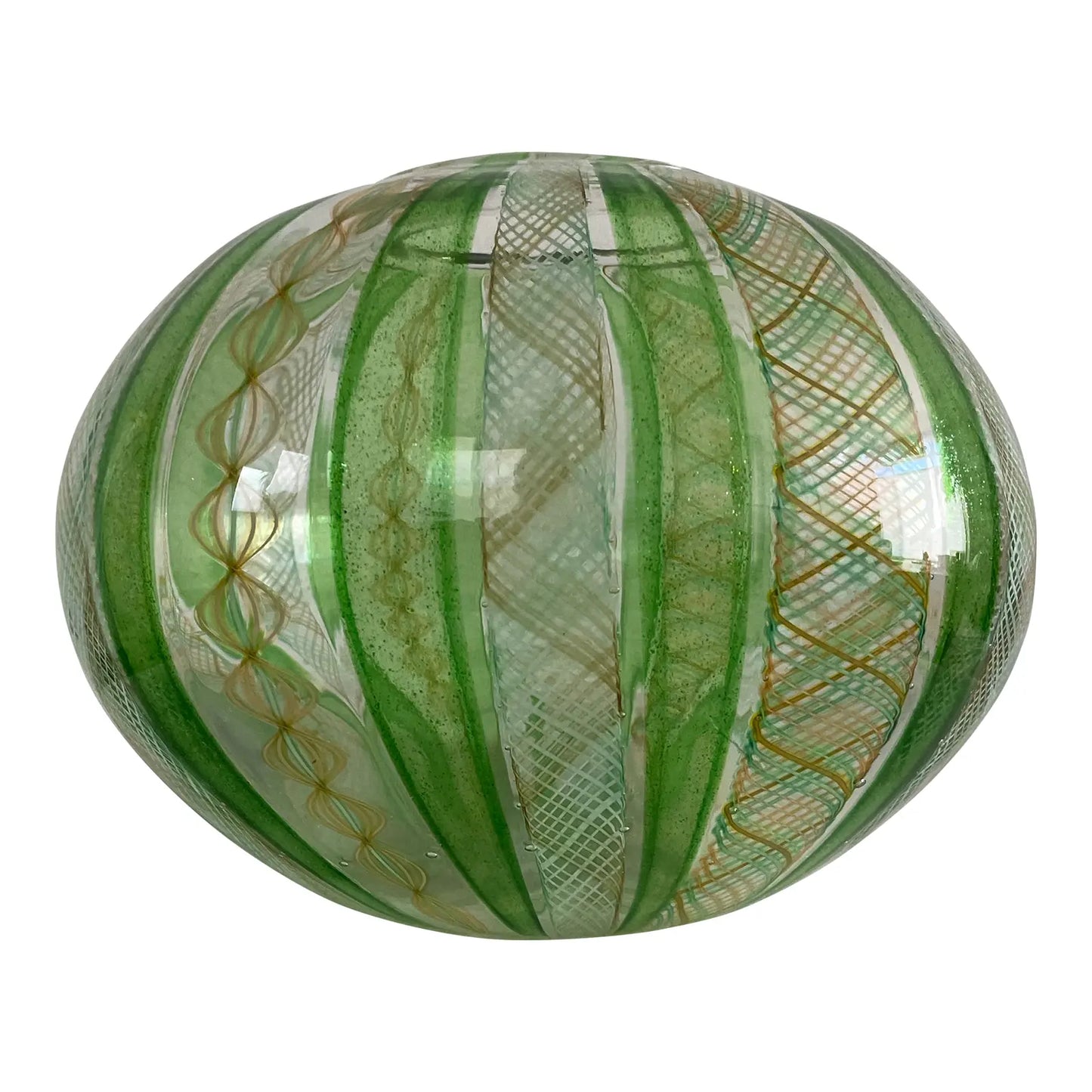 Late 20th Century Handblown Art Glass Vase in Green and Gold Stripe and Plaid Design