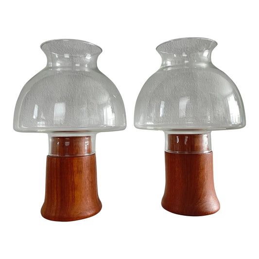 Mid 20th Century Danish Modern Teak Hurricane Lamps With Glass Shade - a Pair