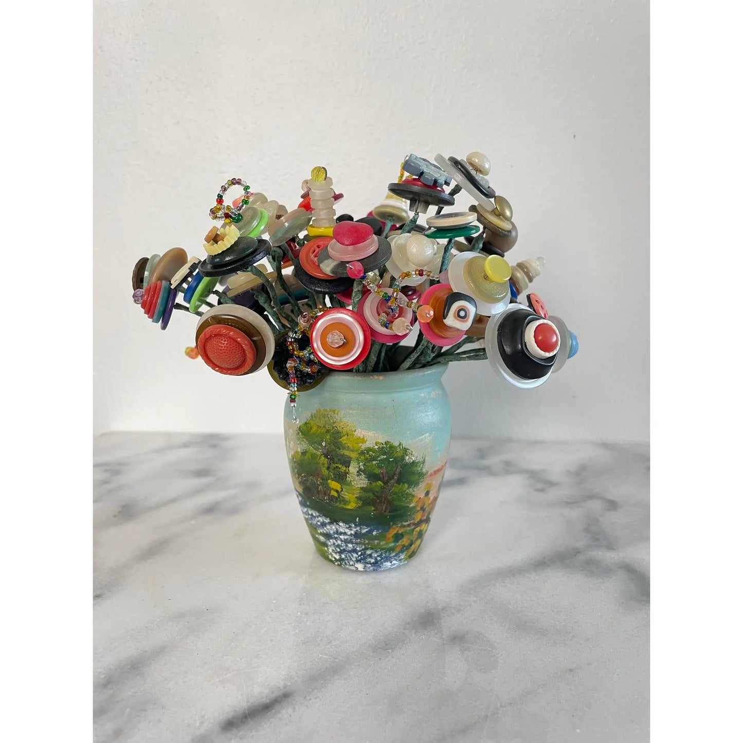 Mid 20th Century Handmade Folk Art Painted Meyer Pottery Vase With Button Bouquet Assemblage Sculpture