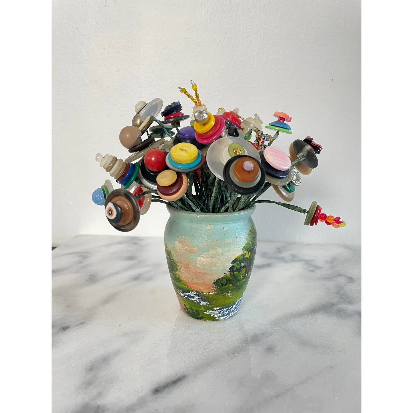 Mid 20th Century Handmade Folk Art Painted Meyer Pottery Vase With Button Bouquet Assemblage Sculpture