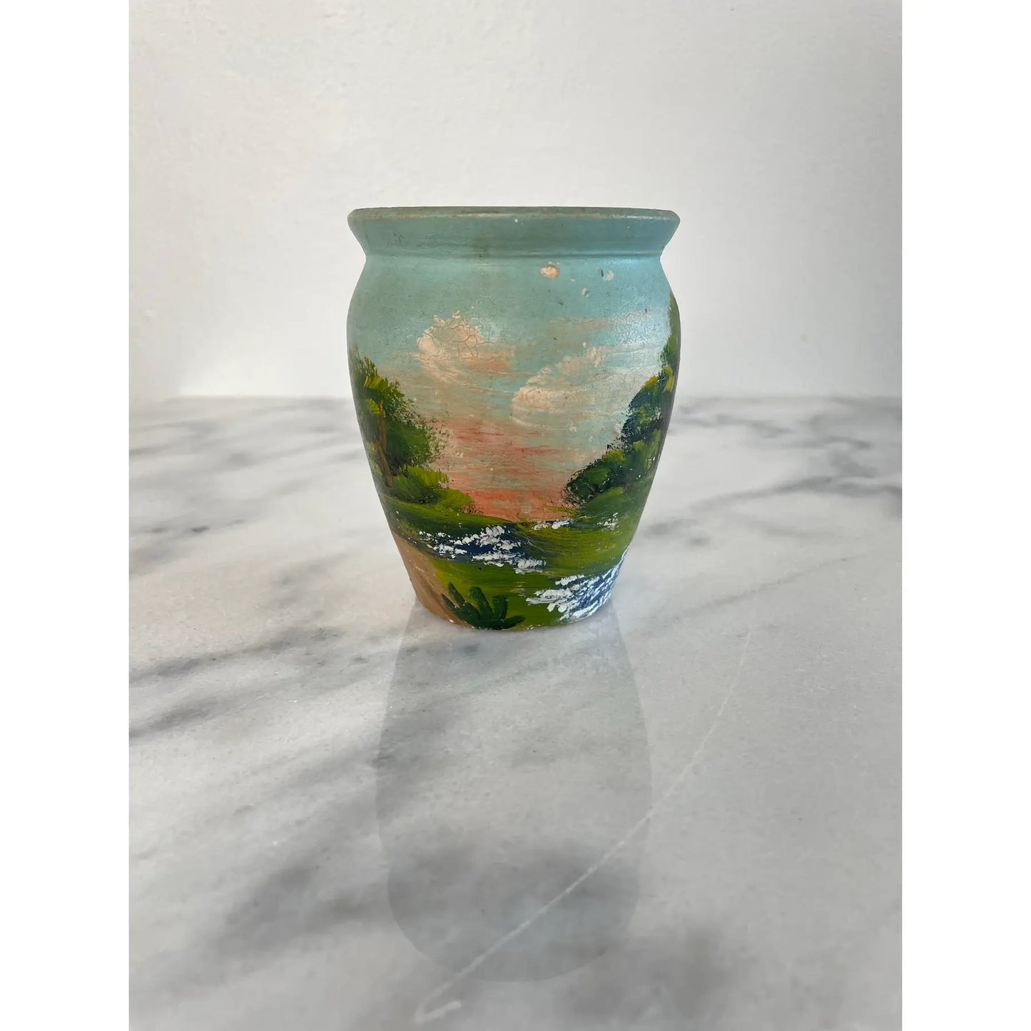 Mid 20th Century Handmade Folk Art Painted Meyer Pottery Vase With Button Bouquet Assemblage Sculpture