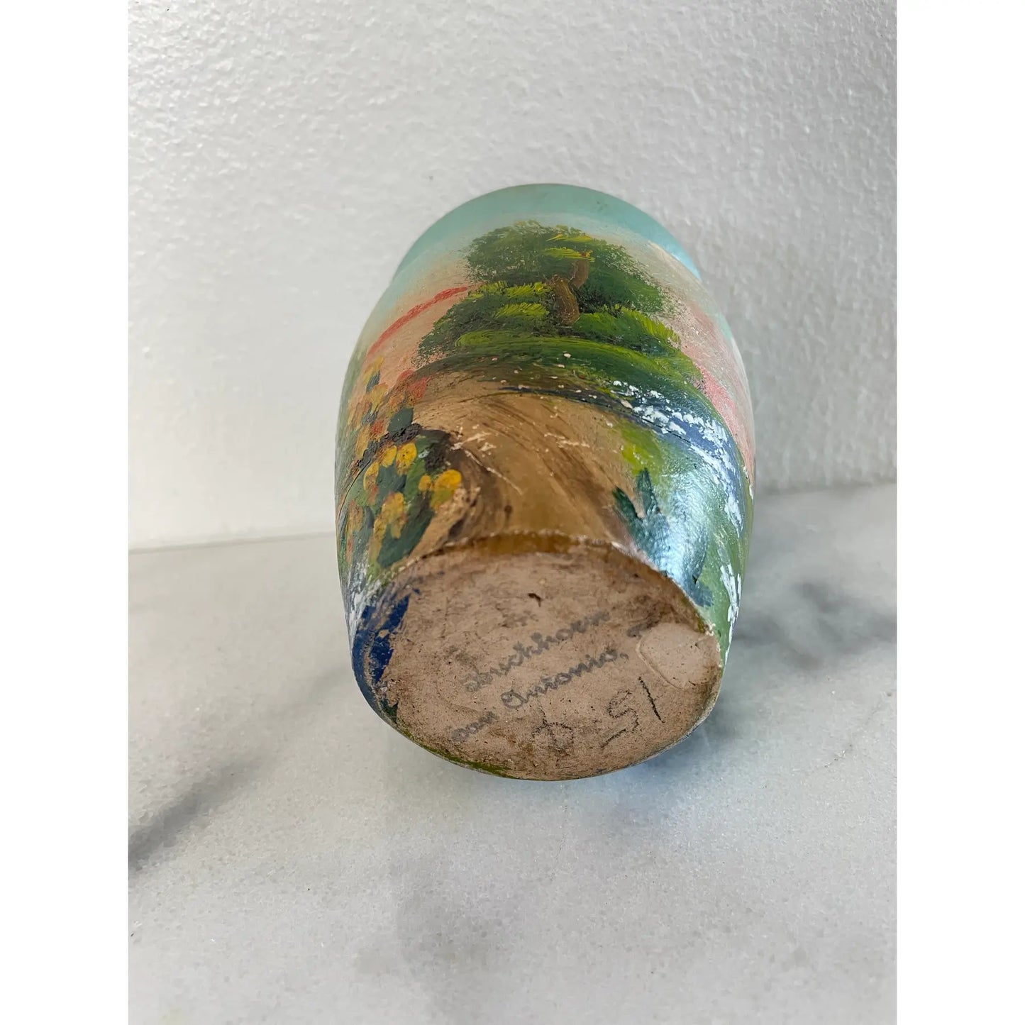 Mid 20th Century Handmade Folk Art Painted Meyer Pottery Vase With Button Bouquet Assemblage Sculpture