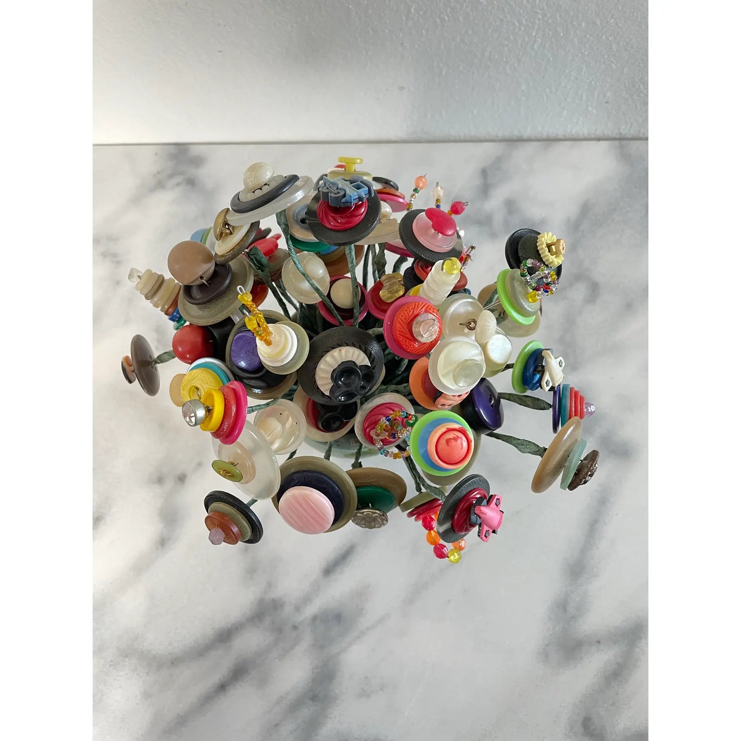 Mid 20th Century Handmade Folk Art Painted Meyer Pottery Vase With Button Bouquet Assemblage Sculpture