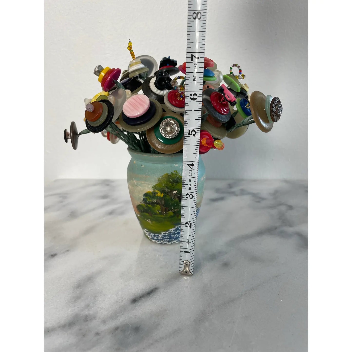 Mid 20th Century Handmade Folk Art Painted Meyer Pottery Vase With Button Bouquet Assemblage Sculpture