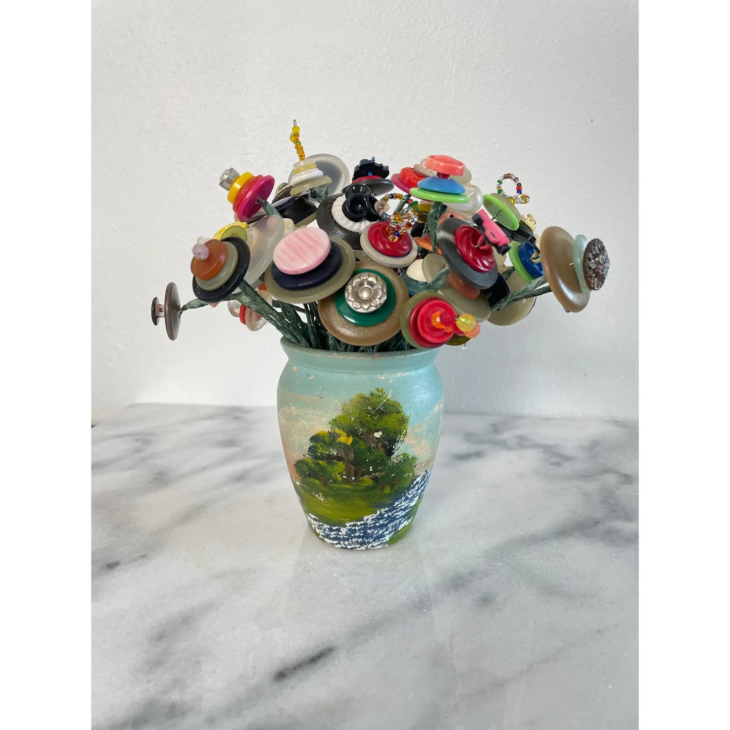 Mid 20th Century Handmade Folk Art Painted Meyer Pottery Vase With Button Bouquet Assemblage Sculpture