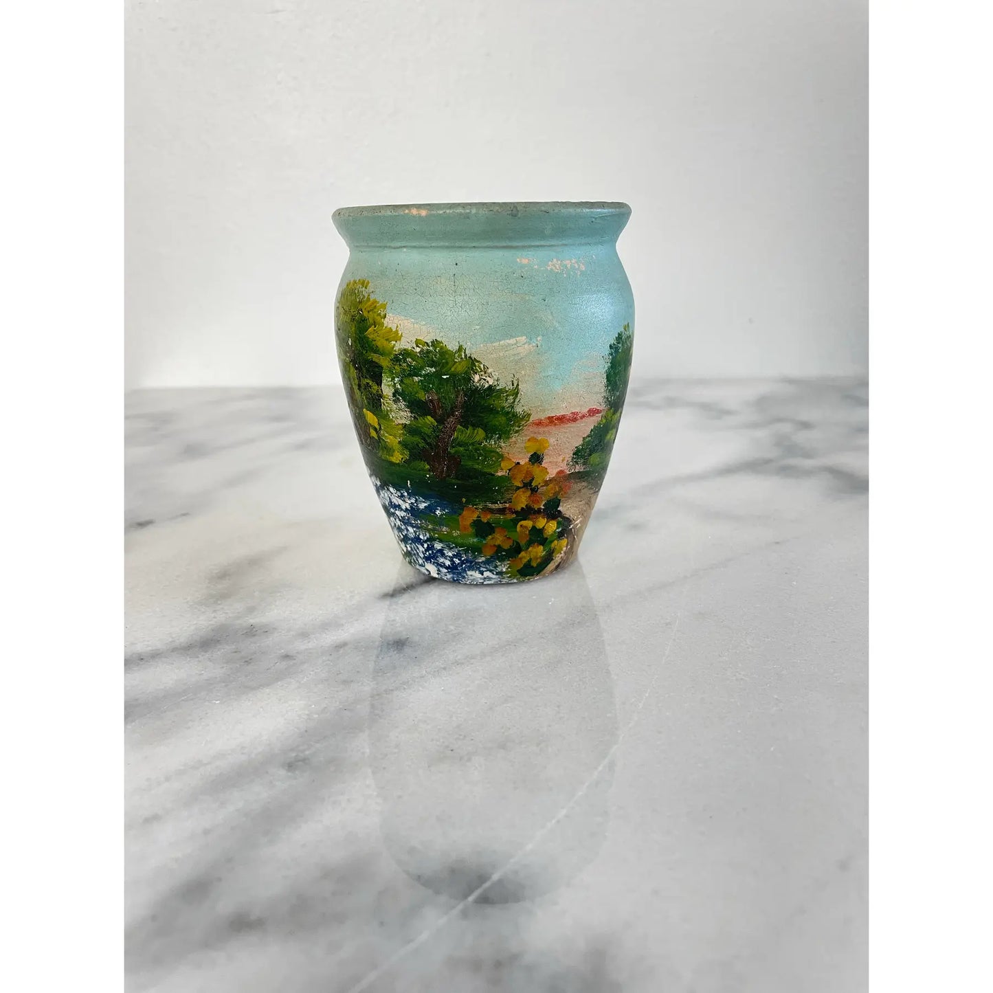 Mid 20th Century Handmade Folk Art Painted Meyer Pottery Vase With Button Bouquet Assemblage Sculpture