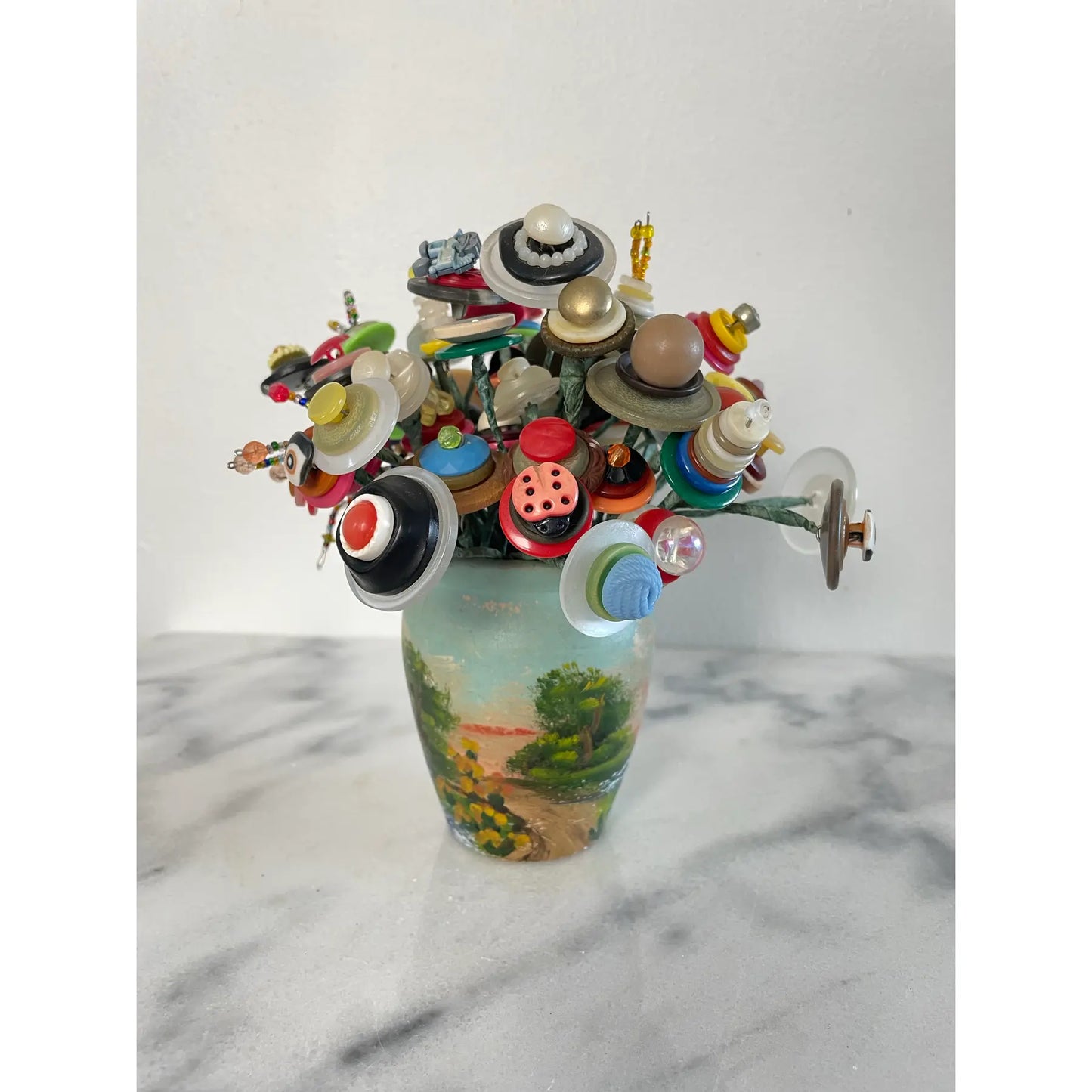 Mid 20th Century Handmade Folk Art Painted Meyer Pottery Vase With Button Bouquet Assemblage Sculpture