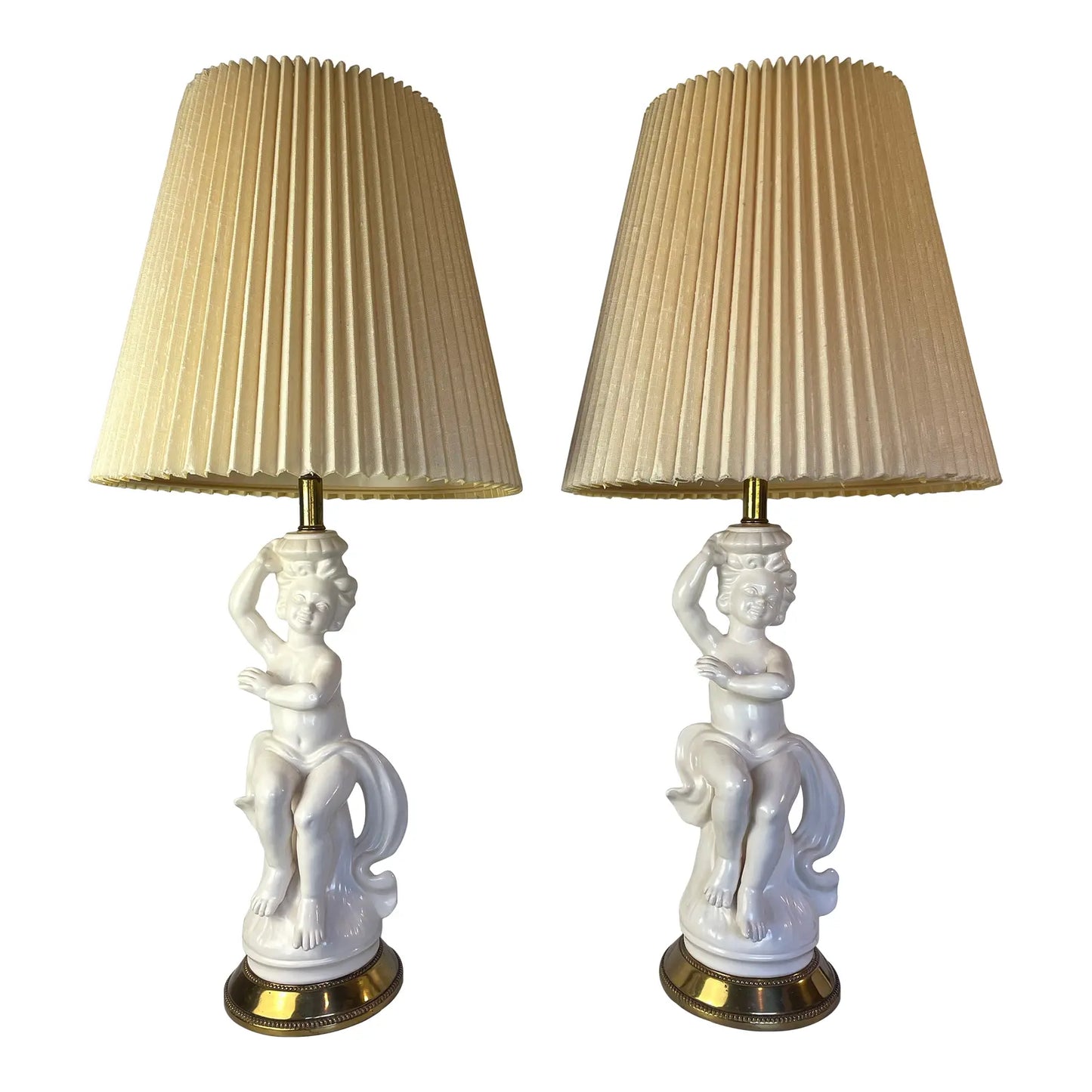 Mid 20th Century Hollywood Regency White Porcelain Cherub Lamps - A Pair