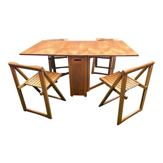 Mid Century Modern Gateleg Drop Leaf Dining Table on Casters With Folding Chairs - 5 Pieces