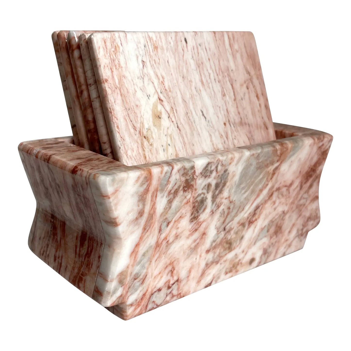 Mid 20th Century Pink Marble Coasters With Box Stand- 6 Pieces