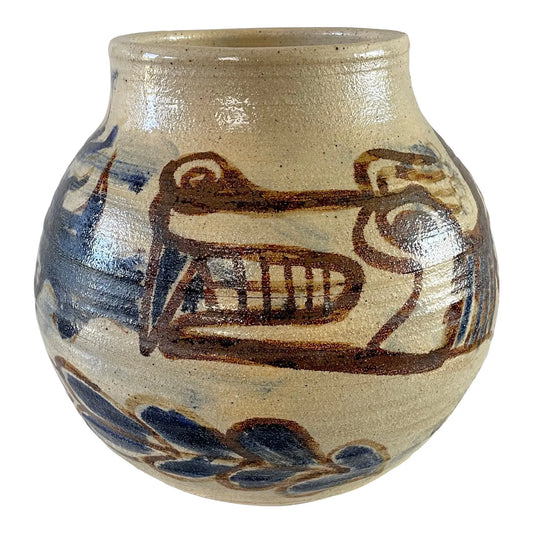 Mid 20th Century Rustic Glazed Stoneware Pot With Dragon Motif