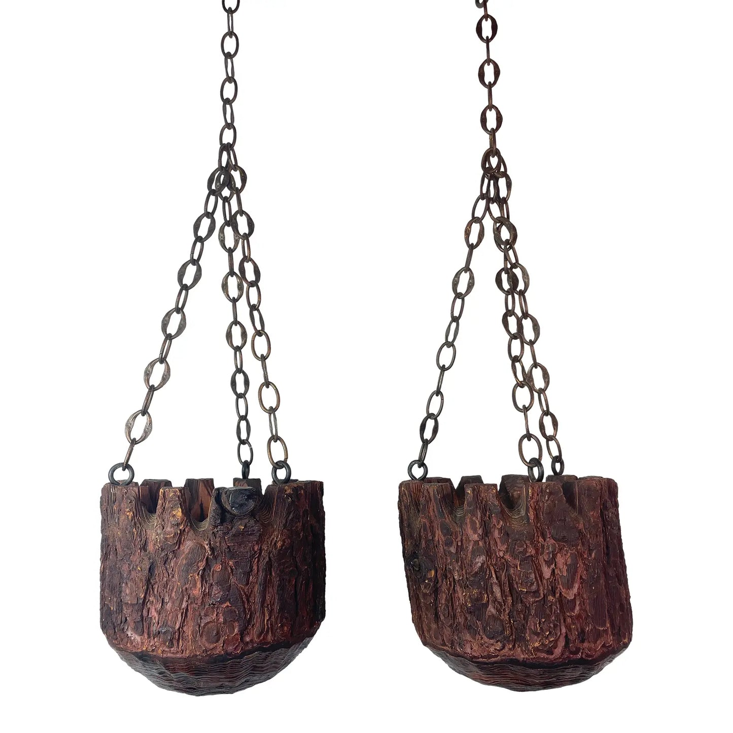 Mid 20th Century Rustic Mission Style Redwood Swag Chain Hanging Planters - A Pair