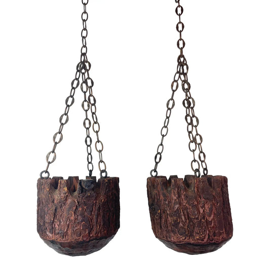 Mid 20th Century Rustic Mission Style Redwood Swag Chain Hanging Planters - A Pair