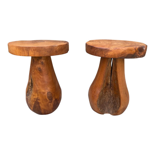 Mid 20th Century Rustic Solid Teak Wood Mushroom Tables - a Pair