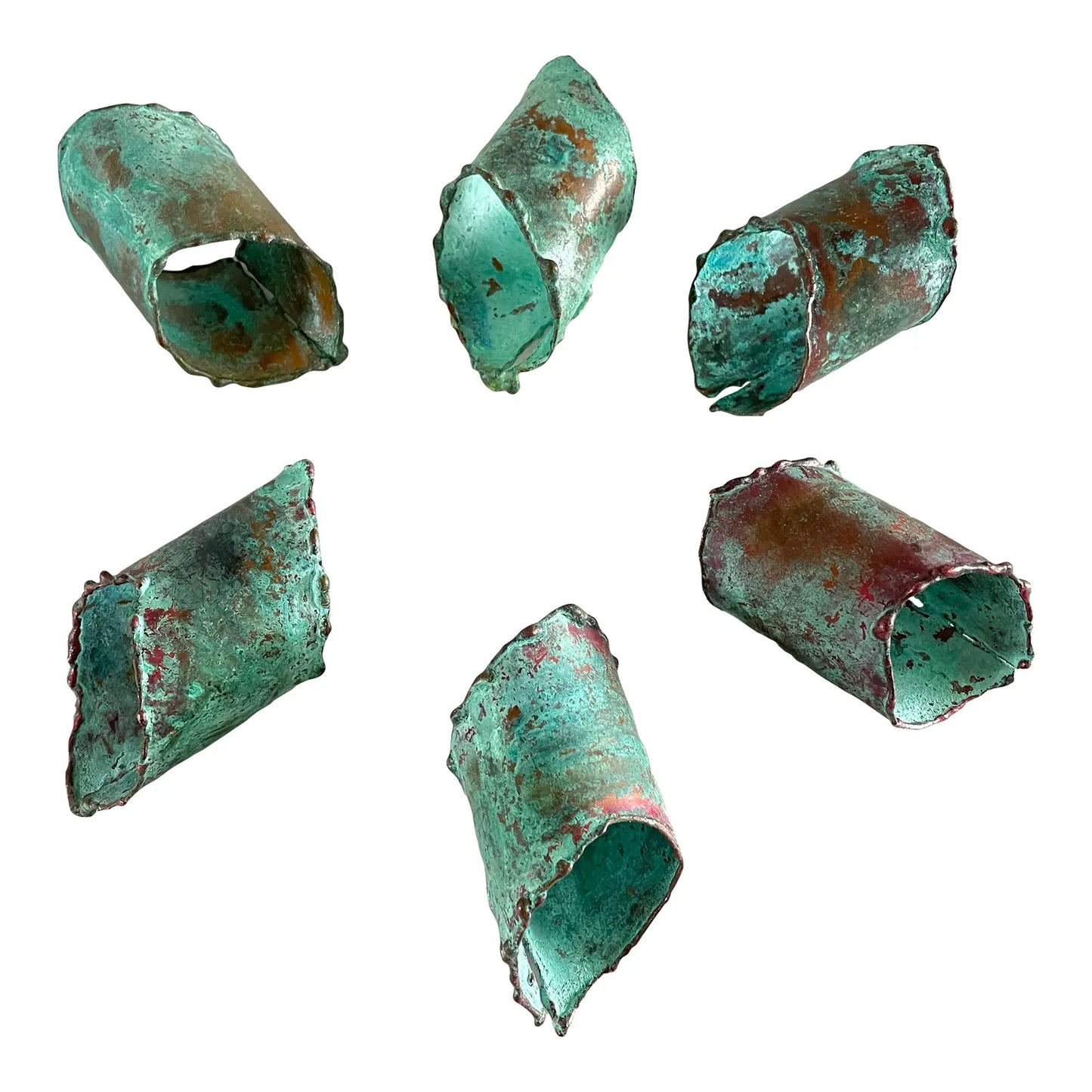 Mid 20th Century Rustic Verdigris Patina Copper Napkin Rings - Set of 6