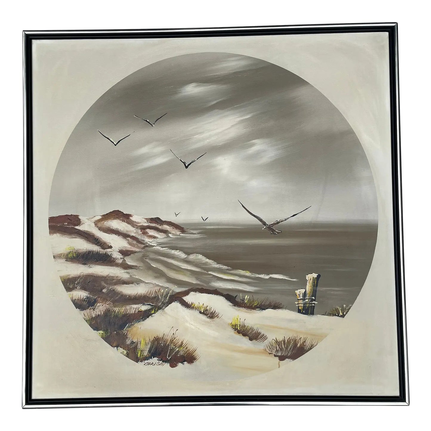 Mid 20th Century Signed Carlson Seascape Oil Painting – Gulls & Dunes on Canvas