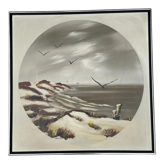 Mid 20th Century Signed Carlson Seascape Oil Painting – Gulls & Dunes on Canvas