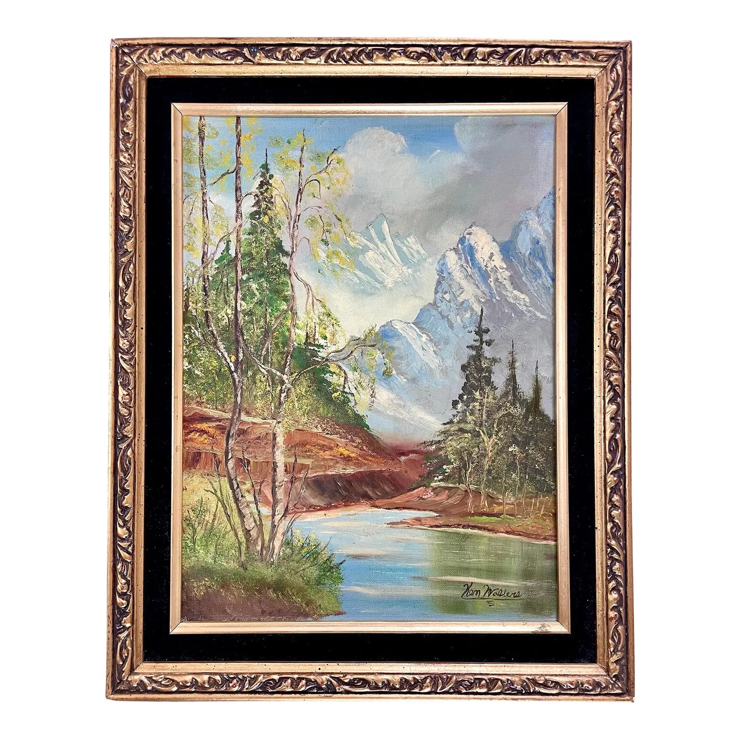 Mid 20th Century Signed Framed Vintage Mountain Landscape Oil on Board