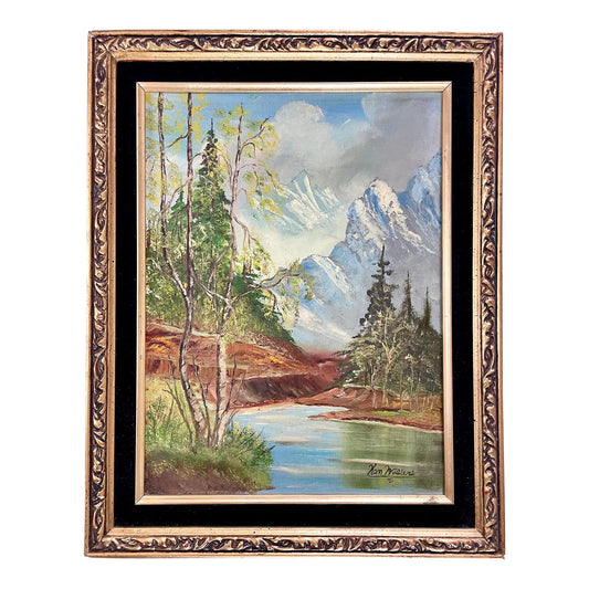 Mid 20th Century Signed Framed Vintage Mountain Landscape Oil on Board
