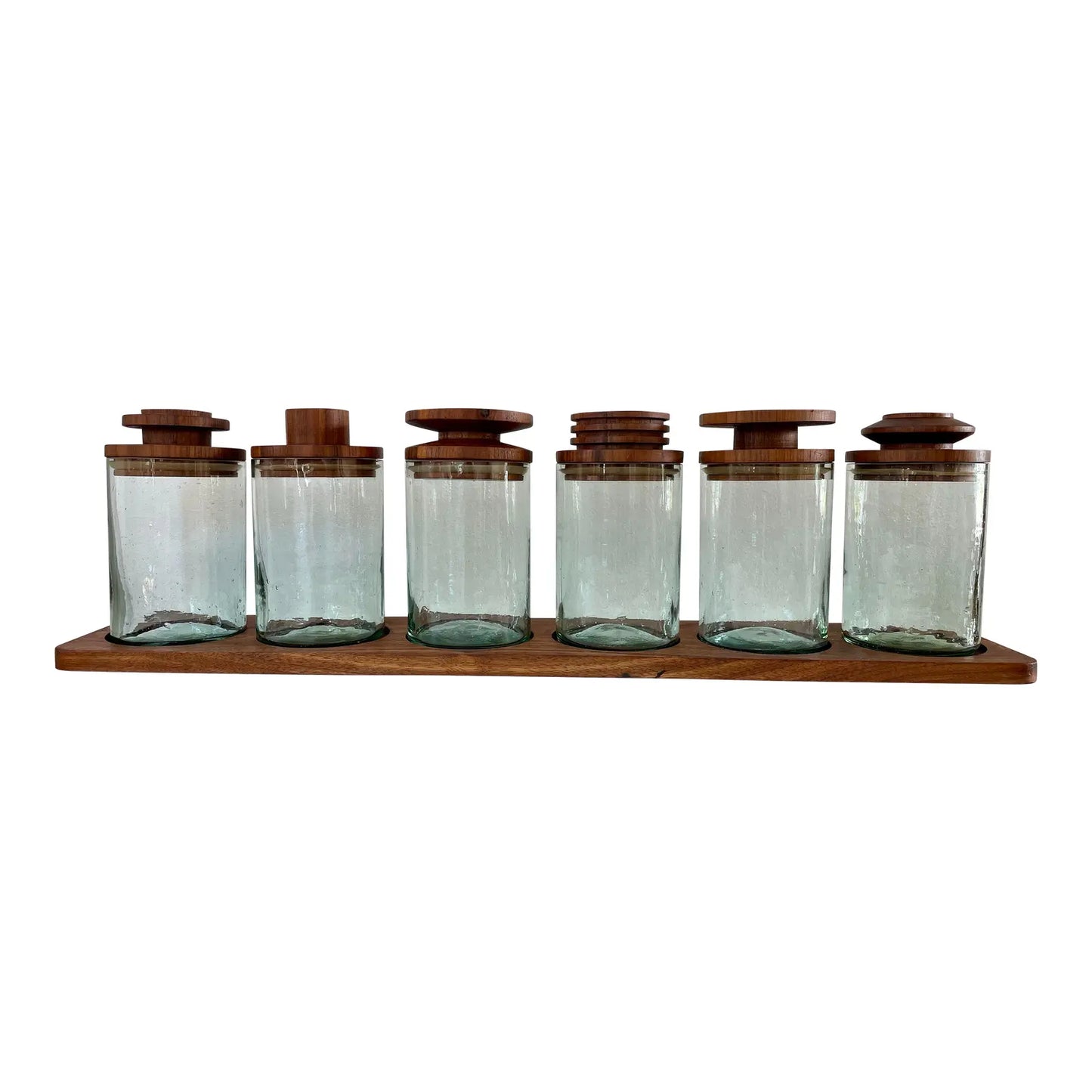 Mid 20th Century Solid Walnut and Blown Glass Canister Jars With Stand- 7 Pieces