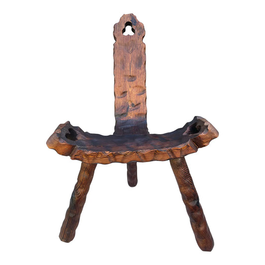 Mid 20th Century Spanish Sculptural Carved Wood Tripod Birthing Chair