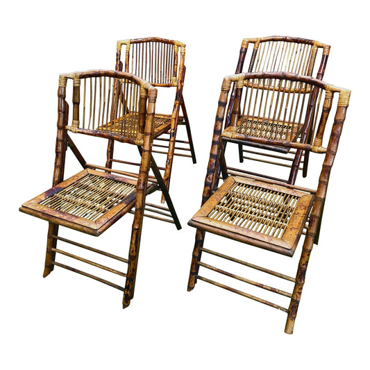 Mid 20th Century Vintage Tortoiseshell Bamboo Folding Chairs - Set of 4